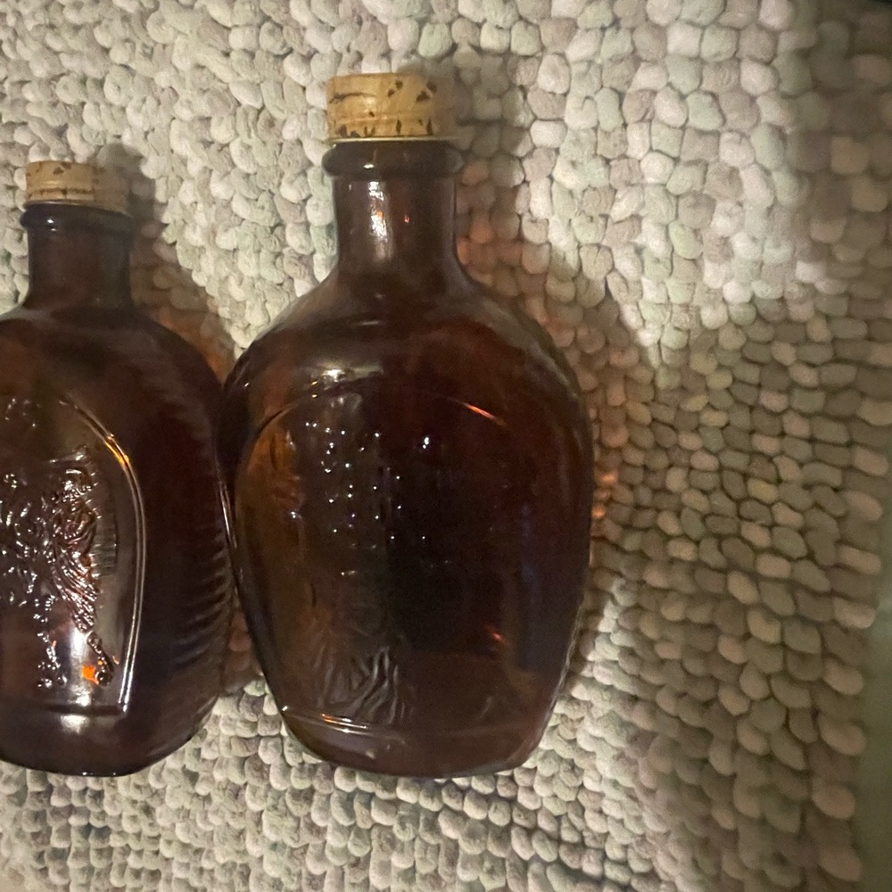 Vintage Brown Glass Bottles LOG CABIN- matching lids
